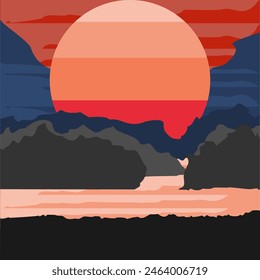 Landscape of mountain lake and sunset