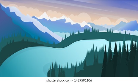 Landscape mountain lake surrounded by pines and mountains. Vector flat illustration.