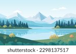 
Landscape. Mountain lake landscape vector illustration. Cartoon flat panorama of spring summer beautiful nature, green grasslands meadow with flowers, forest, scenic blue lake and mountains 