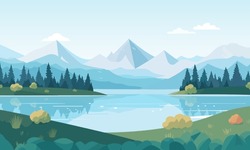 
Landscape. Mountain Lake Landscape Vector Illustration. Cartoon Flat Panorama Of Spring Summer Beautiful Nature, Green Grasslands Meadow With Flowers, Forest, Scenic Blue Lake And Mountains 