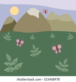 landscape of mountain and meadow in a flat style