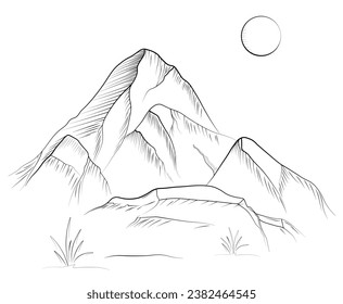Landscape mountain and moon. Hand drawn vector stock illustration. Isolated on a white background. Perfect for banner, poster and sticker design.