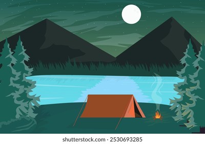 Landscape mountain night camping. Forest with lake, tent and campfire, sky with moon. Hiking adventure, nature tourism vector scene