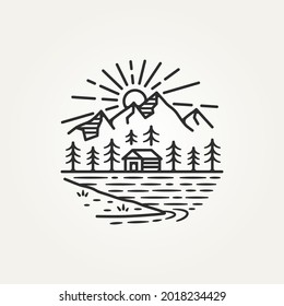 landscape mountain outdoor adventure hand draw sketch line art logo template vector illustration design. simple modern cottage or cabin travel, exploration, and expedition concept