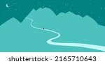 Landscape of a mountain with a path that goes up and a person who follows the path with the starry sky and the moon