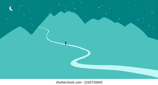 Landscape of a mountain with a path that goes up and a person who follows the path with the starry sky and the moon