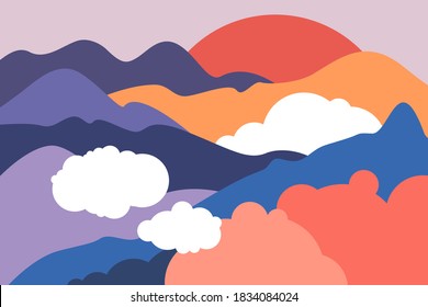 Landscape with mountain peaks, hills, forests and fields, foot, slopes, glaciers. Horizontal poster on the theme of tourism, environmental protection, ecology. Vector illustration in a flat style.