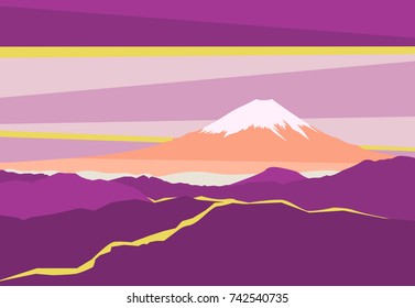 Landscape with Mountain Peaks in Japan. Panoramic evening view of Mount Fuji. Vector illustration