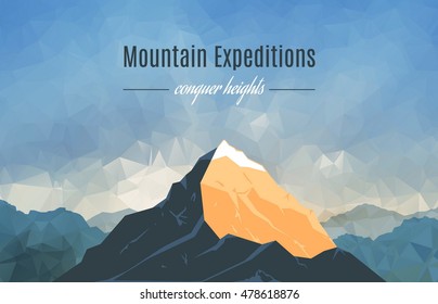 Landscape With Mountain Peaks On Triangulated Background. Polygonal Art. Mountain Expedition Banner. Modern Design Vector Illustration