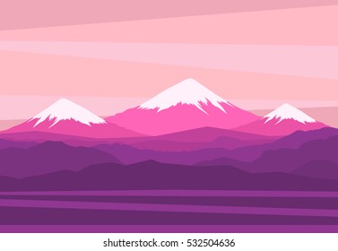 Landscape with Mountain Peaks. Panoramic view in pink colors. Vector illustration 