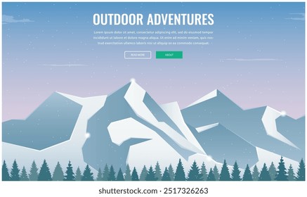 Landscape with mountain peaks. Winter sport vacation and outdoor recreation. Concept website template. Vector illustration