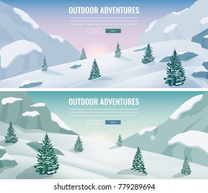 Landscape with mountain peaks. Winter sport vacation and outdoor recreation. Concept website template. Vector illustration