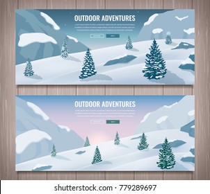 Landscape with mountain peaks. Winter sport vacation and outdoor recreation. Concept website template. Vector