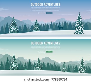 Landscape with mountain peaks. Winter sport vacation and outdoor recreation. Concept website template. Vector illustration