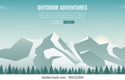 Landscape with mountain peaks. Winter sport vacation and outdoor recreation. Concept website template. Vector illustration