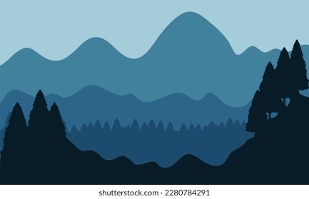 Ilustración paisajística de las montañas y los pinos
