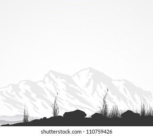 Landscape with mountain range, grass and stones. Vector illustration