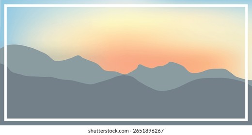 a landscape with a mountain range, hills and peaks. In the foreground you can see the silhouette of mountains and hills, and in the background - a soft gradient of the sky with pastel colors