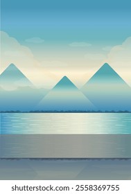 landscape mountain range and lake with a blue sky