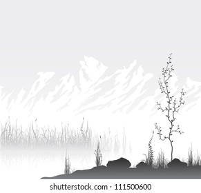 Landscape with mountain range near lake. Vector illustration.