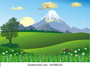 Landscape - Mountain range on the horizon. Tree in the meadow. Sunrise. Morning in the desert. Vector illustration