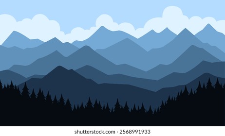 Landscape of mountain range with pine forest and cloudy sky. Vector illustration of scenery mountain ridge with coniferous forest. Blue jagged mountain panorama with pine forest silhouette