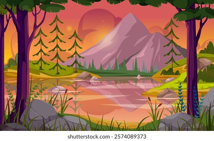 Landscape with mountain range, pine tree forest, lake and rocks at sunset. Vector sky with last rays of sunshine, game location or tourist trip destination. Evening scenery with river water