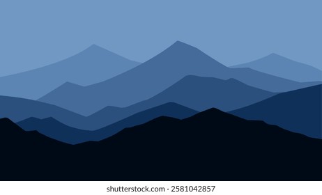 Landscape of mountain range scenery. Panoramic view of mountain peaks and ridges. Vector illustration of scenic landscape with majestic mountain range and ridges under dark blue sky