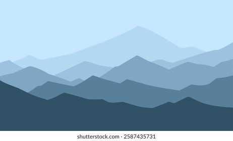 Landscape of mountain range scenery. Panoramic view of mountain peaks and ridges. Vector illustration of scenic landscape with majestic mountain range and ridges under dark blue sky