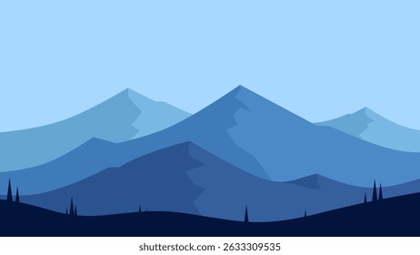 Landscape of mountain range scenery. Panoramic view of mountain peaks and ridges. Vector illustration of scenic landscape with majestic mountain range and ridges under blue sky