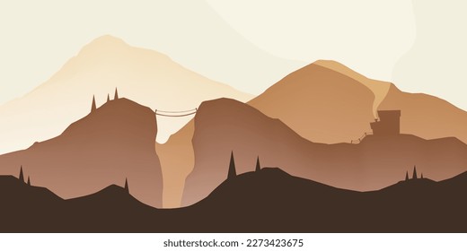 Landscape, a mountain range silhouettes. Minimalistic natural wallpapers in a flat style. Brown background. Vectot illustration