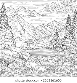 Paisagem com um rio de montanha e abetos.Livro de colorir antistress para crianças e adultos. Ilustração isolada no estilo background.Zen-tangle branco. Desenho da mão