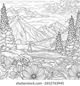 Paisagem com um rio de montanha e flores.Livro de colorir antisstress para crianças e adultos. Ilustração isolada no estilo background.Zen-tangle branco. Desenho da mão