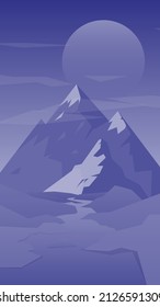 Landscape of mountain and river at night. Beutifull vector illustration. Background for smartphone.