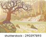 Landscape with mountain river and thick tree. View of the canyon with waterfall and stones