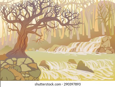 Landscape with mountain river and thick tree. View of the canyon with waterfall and stones