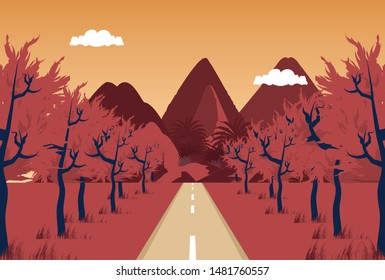 landscape mountain with road and sky red