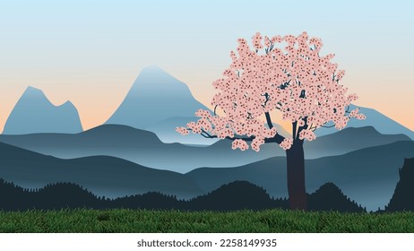 landscape mountain with sakura trees	