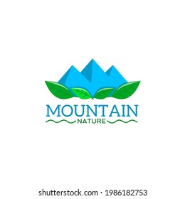 Landscape mountain scenery and leaves. Ilustration mountain and leaves design logo.