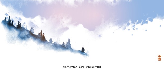 Landscape with mountain slope with pine trees and white clouds in the sky. Traditional oriental ink painting sumi-e, u-sin, go-hua. Translation of hieroglyph - zen
