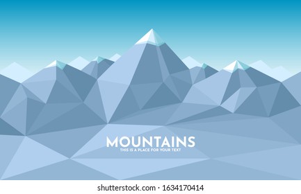 Landscape with Mountain. Stone rocks on sky background. The tops are covered with snow, ice. Simple design with place for text. Illustration of gray, blue, white. Granite