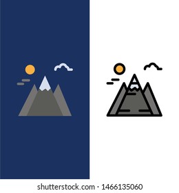 Landscape, Mountain, Sun  Icons. Flat and Line Filled Icon Set Vector Blue Background. Vector Icon Template background