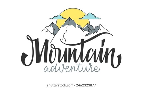 Paisaje De Montaña Y Sol. Estilo lineal. Dibujo a mano texto de letras. Ilustración vectorial para la exploración al aire libre o senderismo