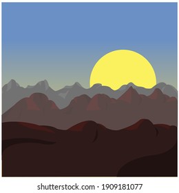 landscape with mountain, sun and sky