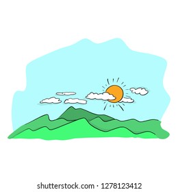 landscape of mountain and sun vector illustration sketch doodle hand drawn with black lines isolated on white background