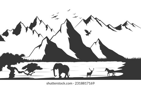 Landscape Mountain Tree Animals Silhouette. Elephant , deer, and zebra. 3D Illustration