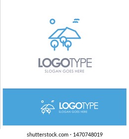 Landscape, Mountain, Tree, Birds Blue Outline Logo Place for Tagline. Vector Icon Template background