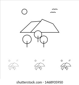 Landscape, Mountain, Tree, Birds Bold and thin black line icon set. Vector Icon Template background