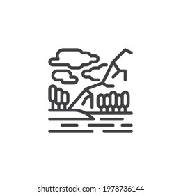 Landscape mountain trees and lake line icon. linear style sign for mobile concept and web design. Beautiful nature landscape outline vector icon. Symbol, logo illustration. Vector graphics