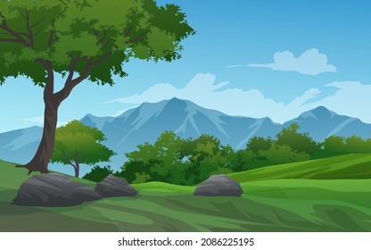 Landscape of mountain, trees and meadow